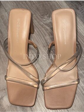 BCBGeneration Nude Clear-Strap Square Toe Block Heel Sandals (W7.5)